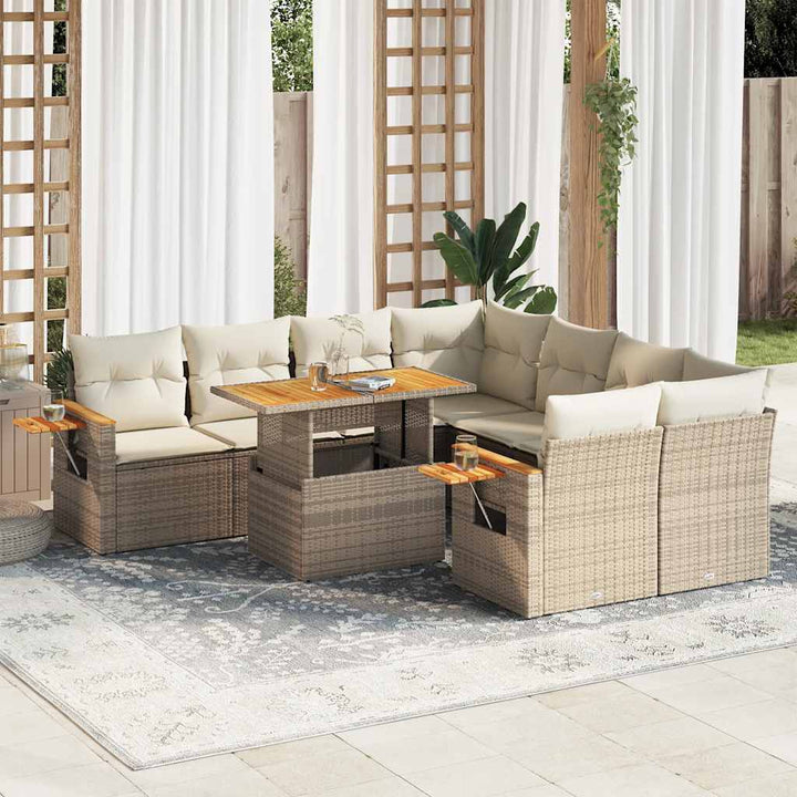 sofasæt til haven 9 dele med hynder polyrattan akacietræ beige