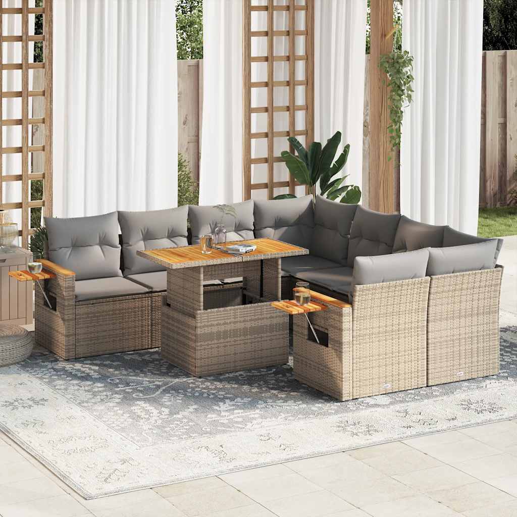 sofasæt til haven 9 dele med hynder polyrattan akacietræ beige