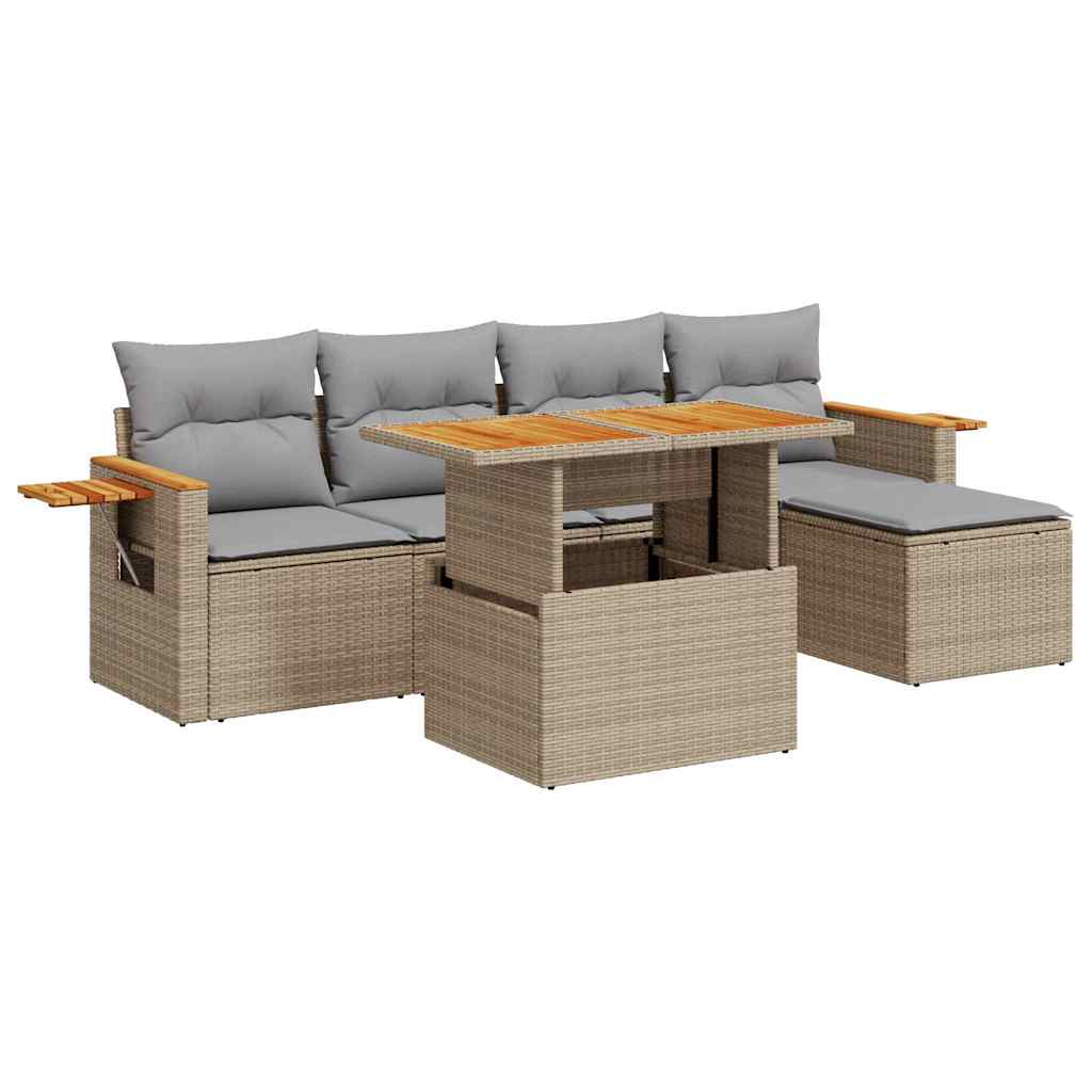 sofasæt til haven 6 dele med hynder polyrattan akacietræ beige