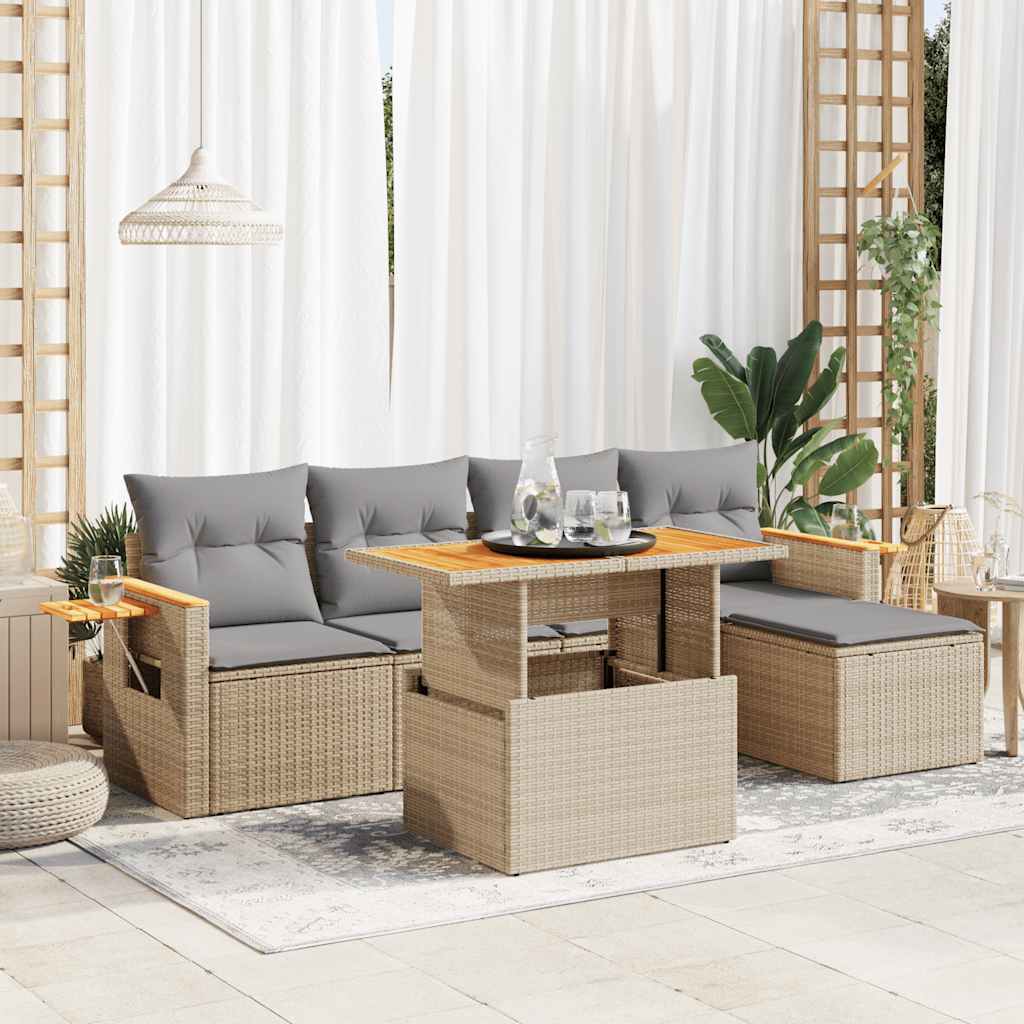 sofasæt til haven 6 dele med hynder polyrattan akacietræ beige