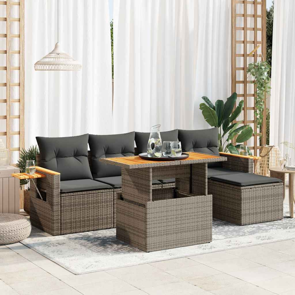 sofasæt til haven 6 dele med hynder polyrattan akacietræ grå