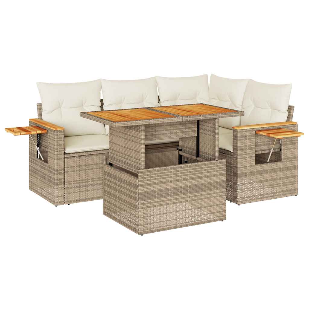 sofasæt til haven 5 dele med hynder polyrattan og akacie beige