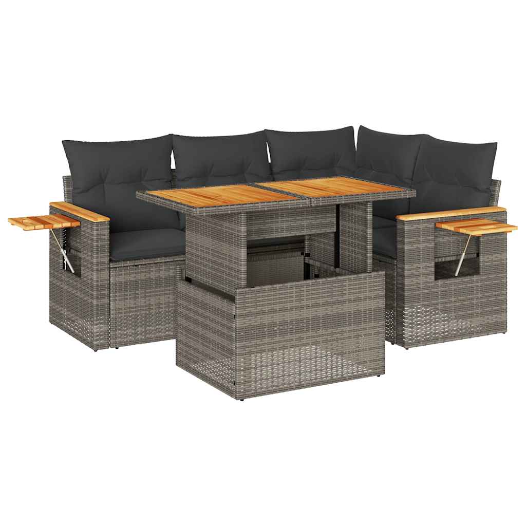 sofasæt 5 dele med hynder polyrattan akacietræ grå