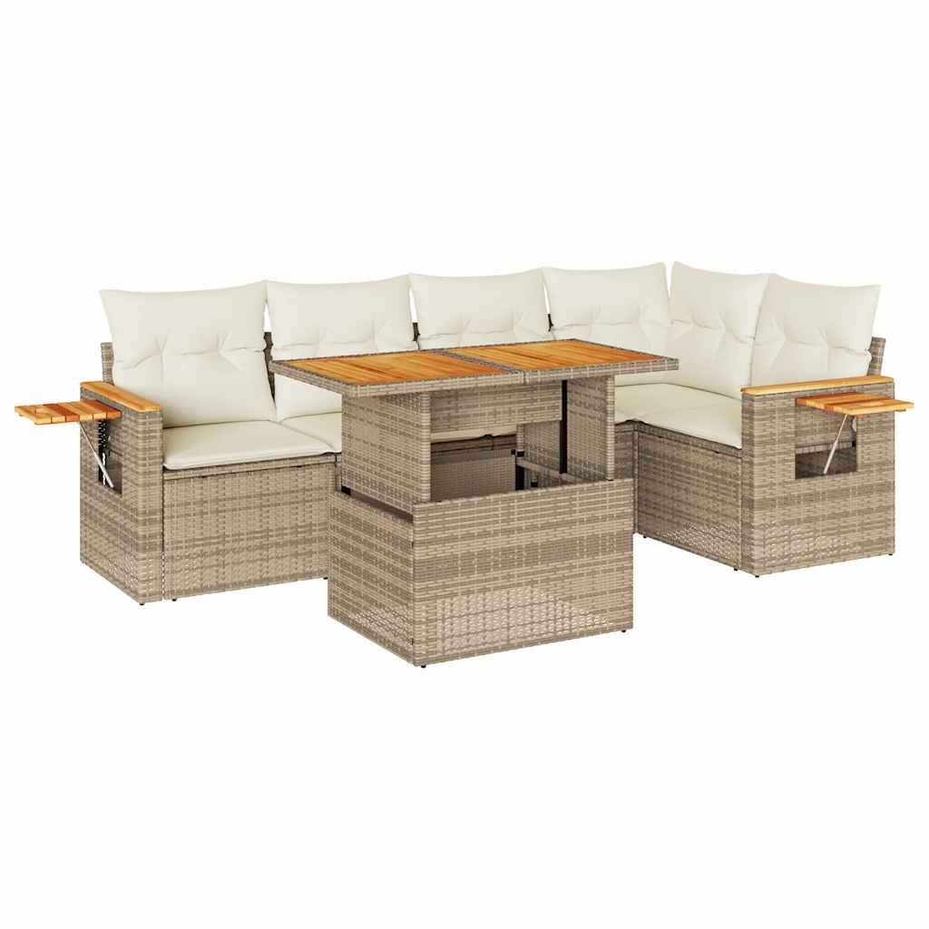 sofasæt til haven 6 dele med hynder polyrattan akacietræ beige