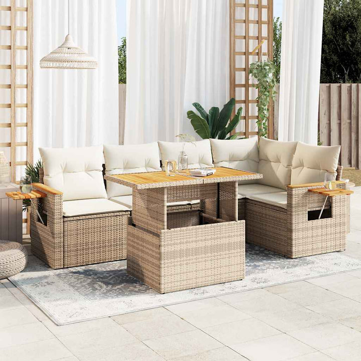 sofasæt til haven 6 dele med hynder polyrattan akacietræ beige