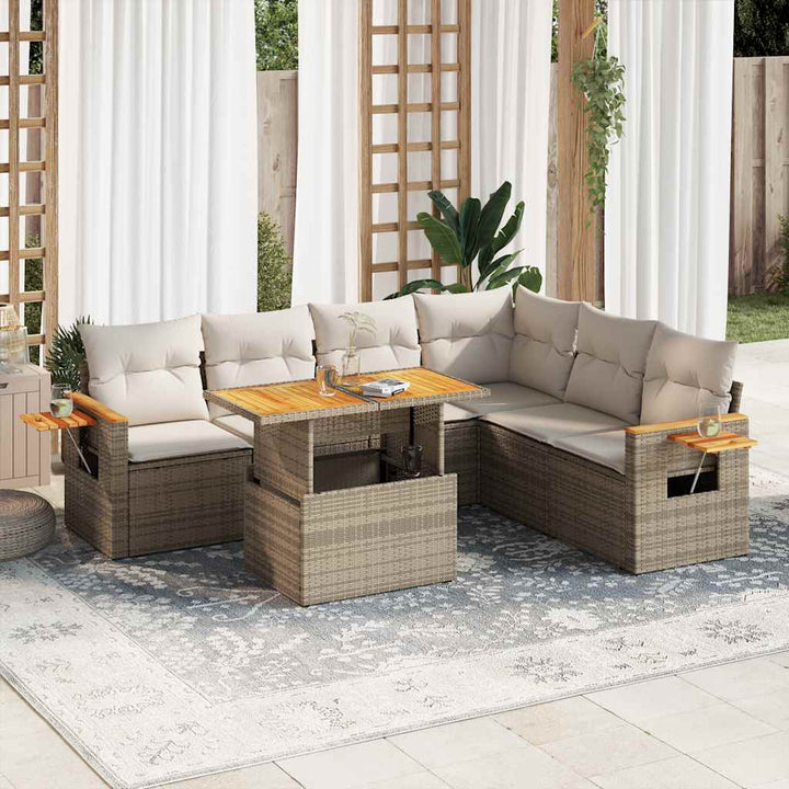 sofasæt til haven 7 dele med hynder polyrattan akacietræ beige