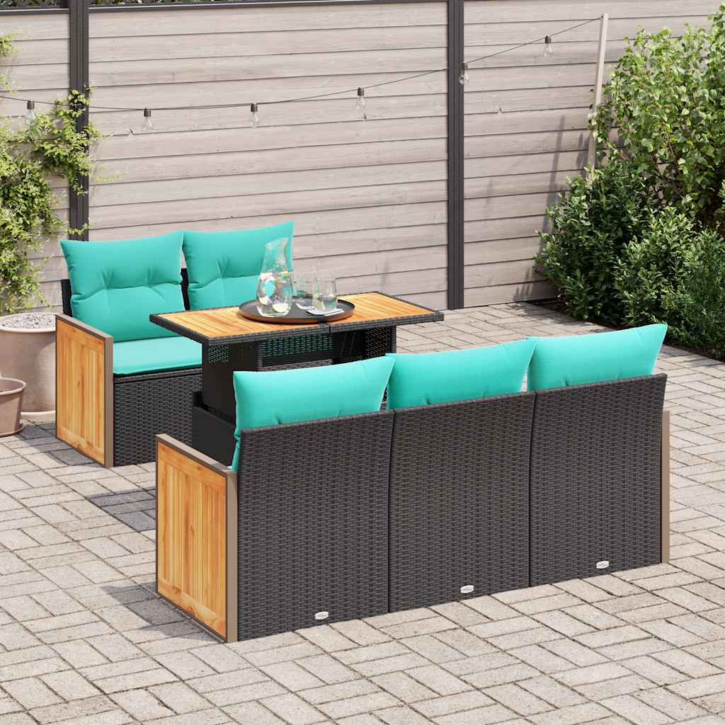 havesofasæt med 6 hynder sort polyrattan akacie