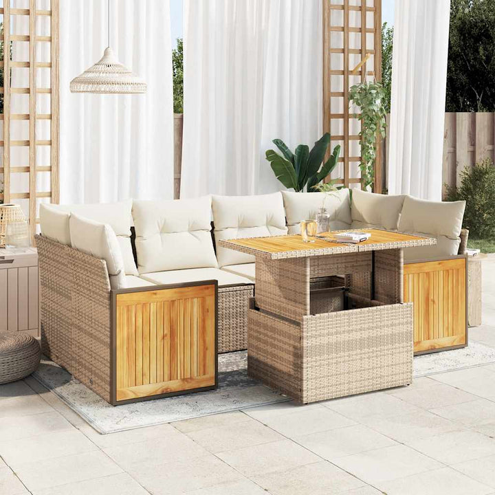 sofasæt til haven 7 dele med hynder polyrattan akacietræ beige