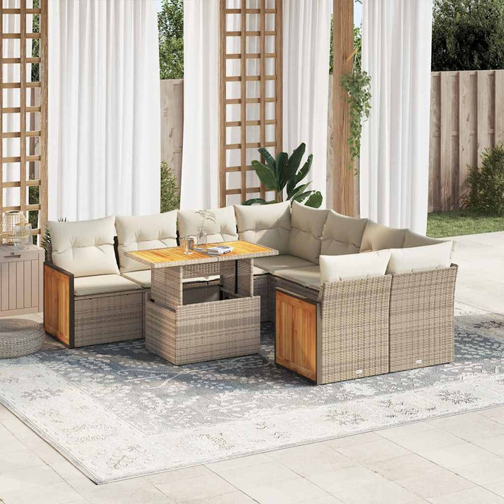 sofasæt til haven 9 dele med hynder polyrattan akacietræ beige