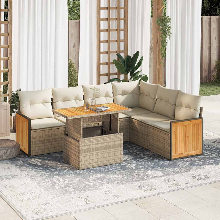 sofasæt til haven 7 dele med hynder polyrattan akacietræ beige