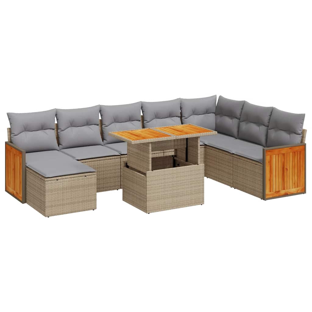 sofasæt til haven 9 dele med hynder polyrattan akacietræ beige