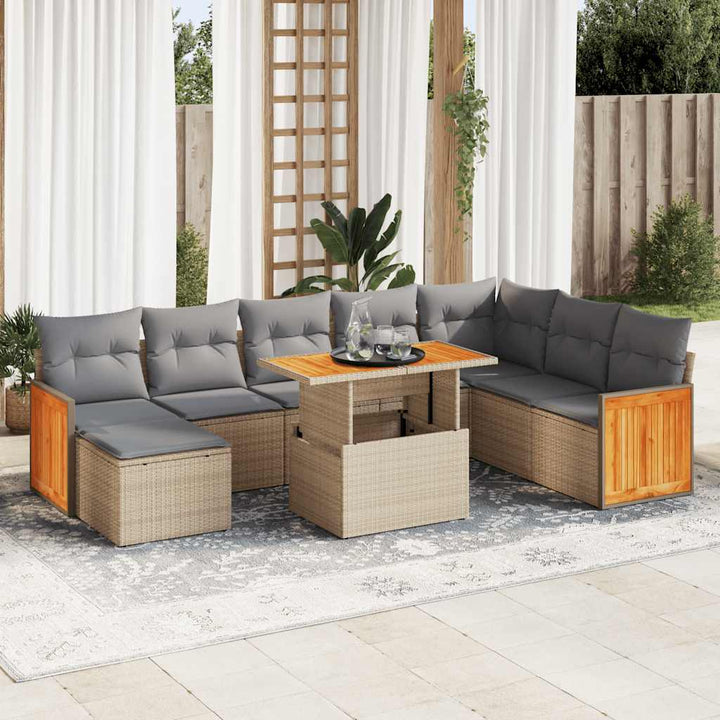 sofasæt til haven 9 dele med hynder polyrattan akacietræ beige