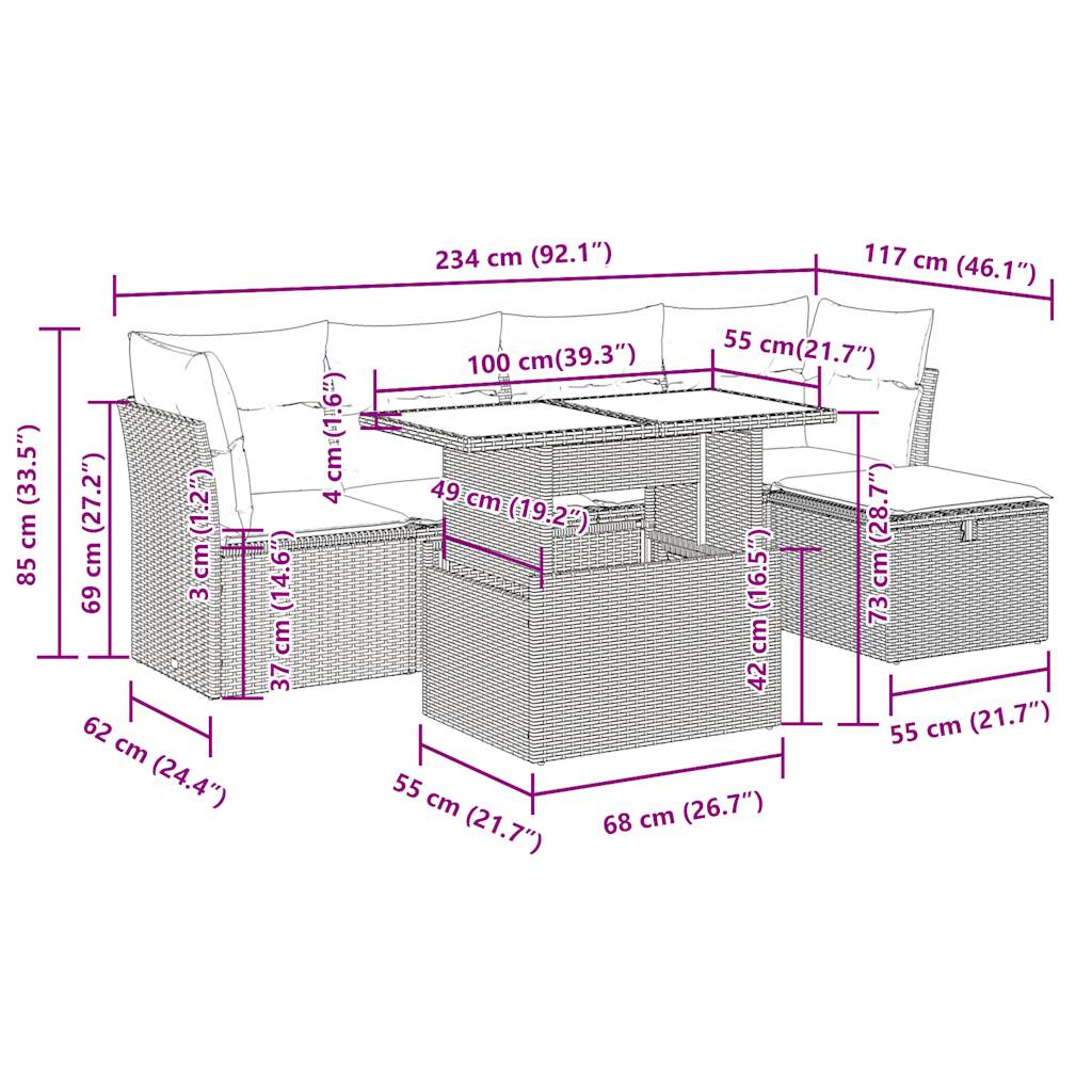 sofasæt til haven 6 dele med hynder polyrattan beige