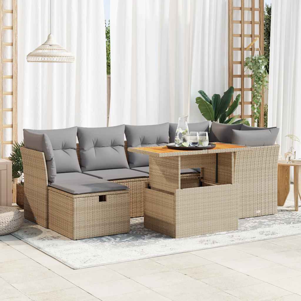 sofasæt til haven 7 dele med hynder polyrattan akacietræ beige