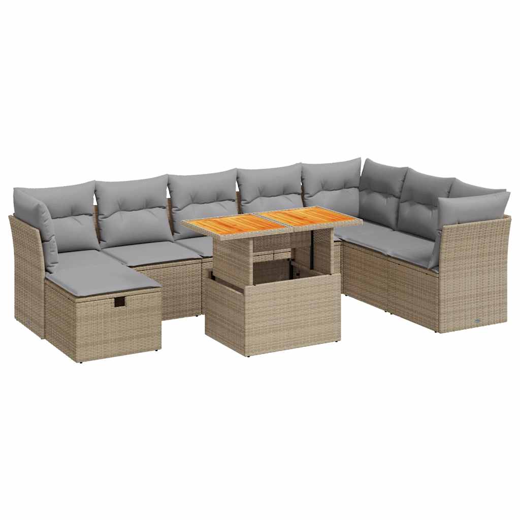 sofasæt til haven 9 dele med hynder polyrattan akacietræ beige