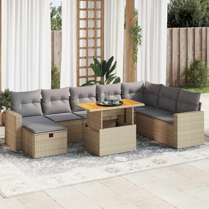 sofasæt til haven 9 dele med hynder polyrattan akacietræ beige