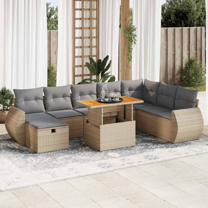sofasæt til haven 9 dele med hynder polyrattan akacietræ beige