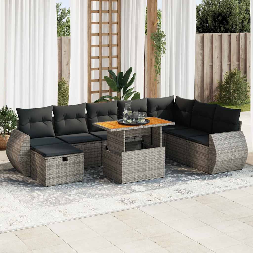 sofasæt til haven 9 dele med hynder polyrattan akacietræ grå