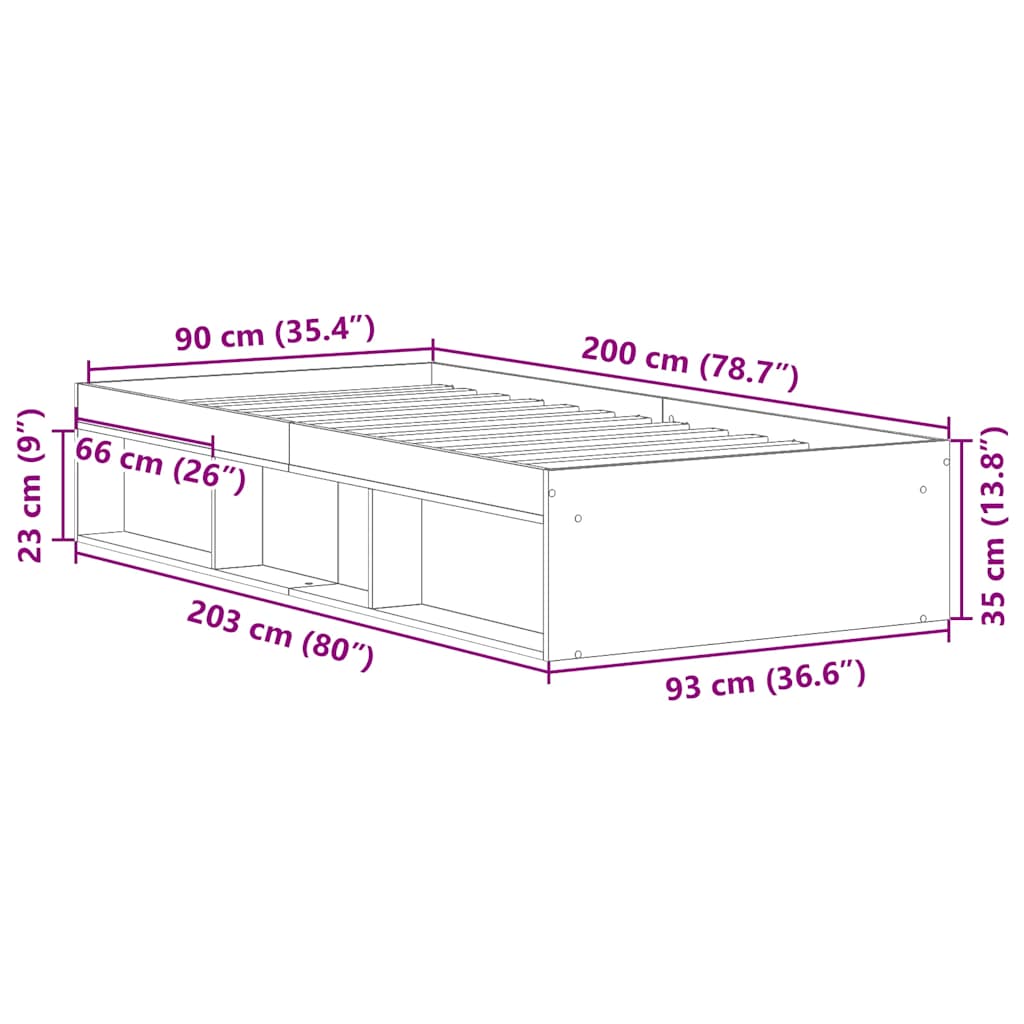 Sengeramme uden madras 90x200cm konstrueret træ antikt træ
