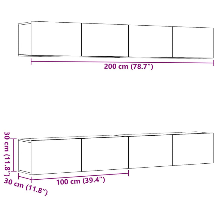 4-delt vægmonteret TV-skabssæt gammelt træ 100x30x30 cm