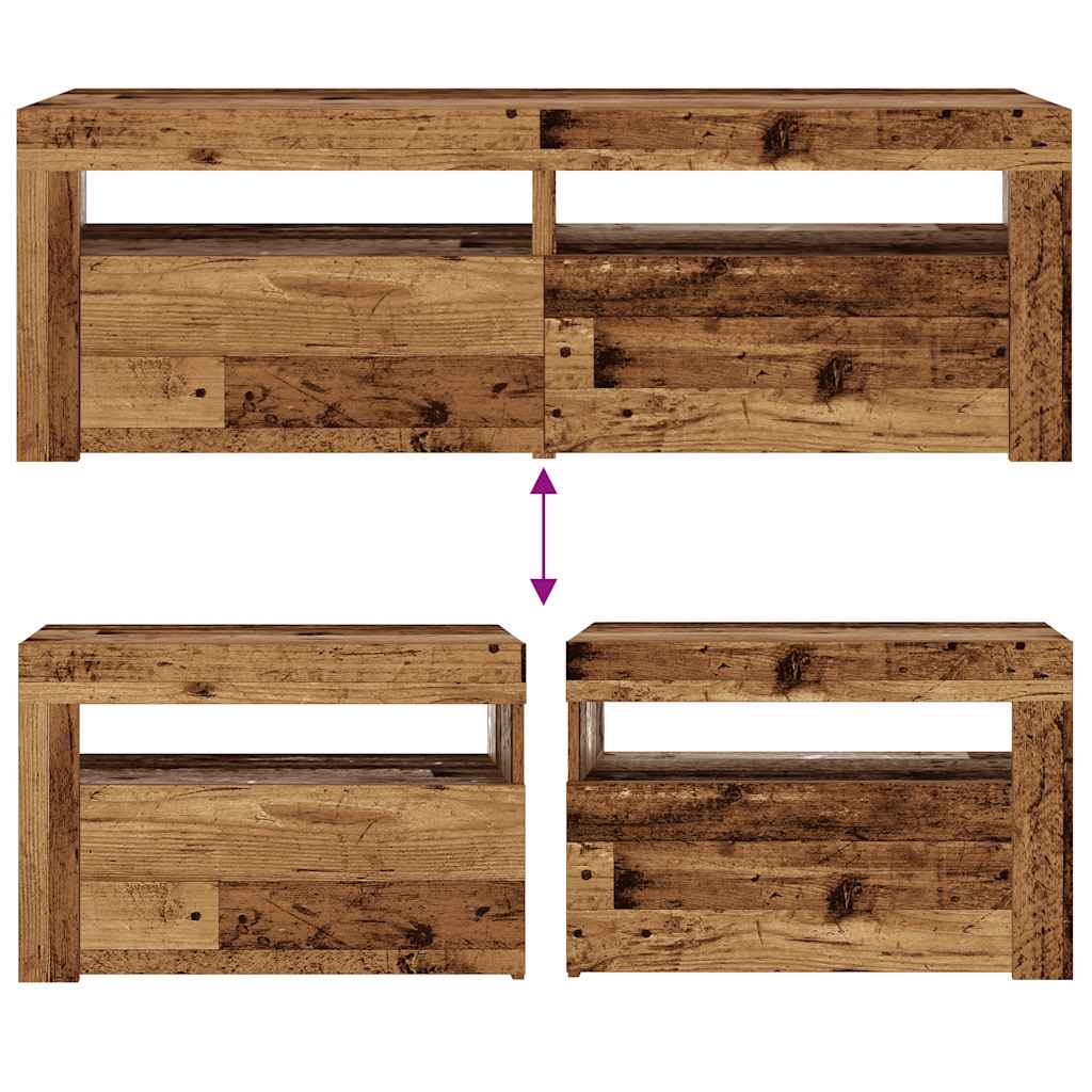 sengeborde med LED-lys 2 stk. 60x35x40 cm antikt træ