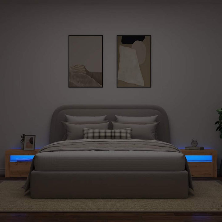sengeborde med LED-lys 2 stk. 60x35x40 cm egetræsfarve