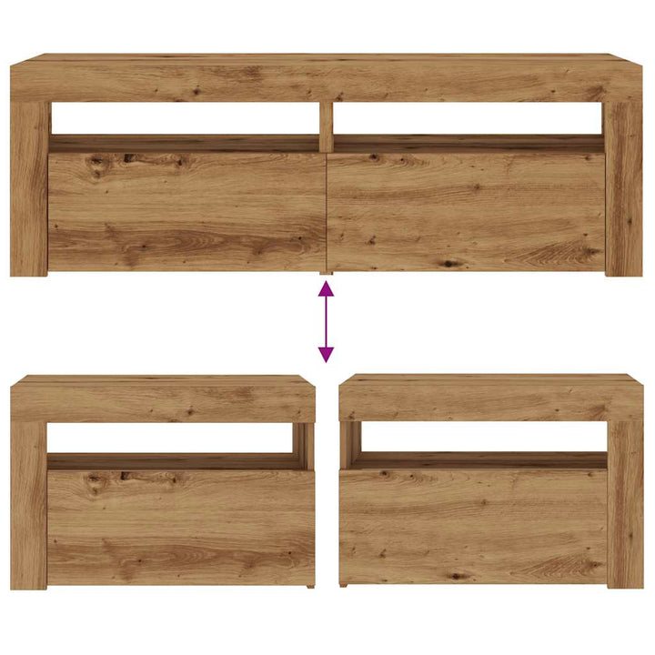 sengeborde med LED-lys 2 stk. 60x35x40 cm egetræsfarve