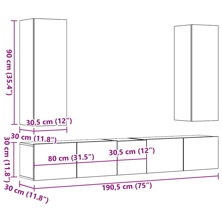 5-delt TV-skabssæt Vægmonteret gammelt træ egetræsfarve