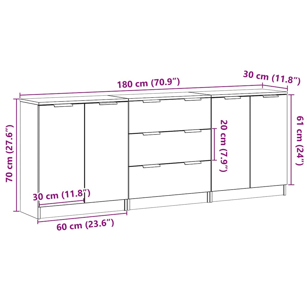 Skænke 3 stk Håndværks eg 60x30x70 cm Konstrueret træ