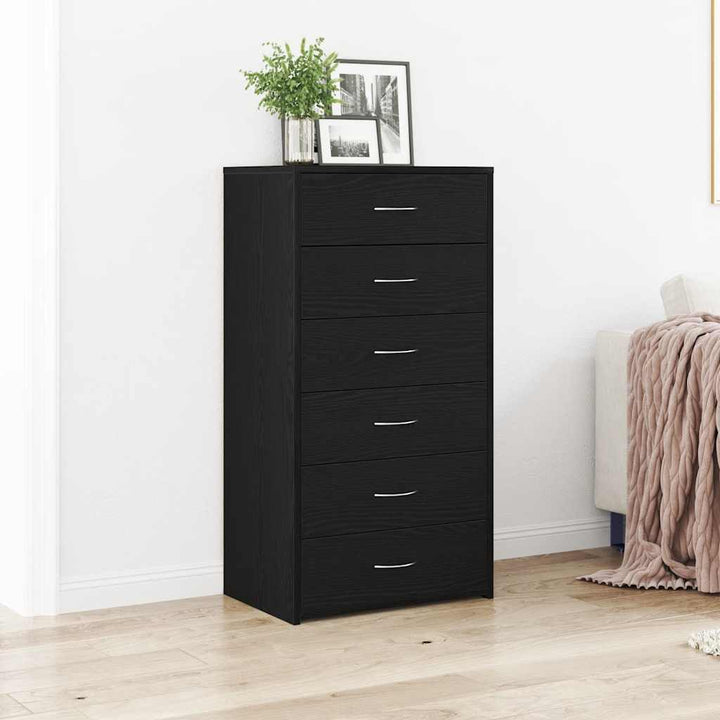 skænk med 6 skuffer 50x34x96 cm konstrueret træ sort egetræ