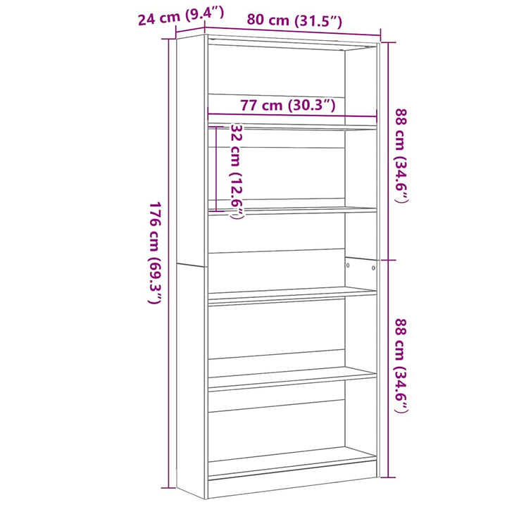 bogreol 80x24x176 cm konstrueret træ sort egetræsfarve