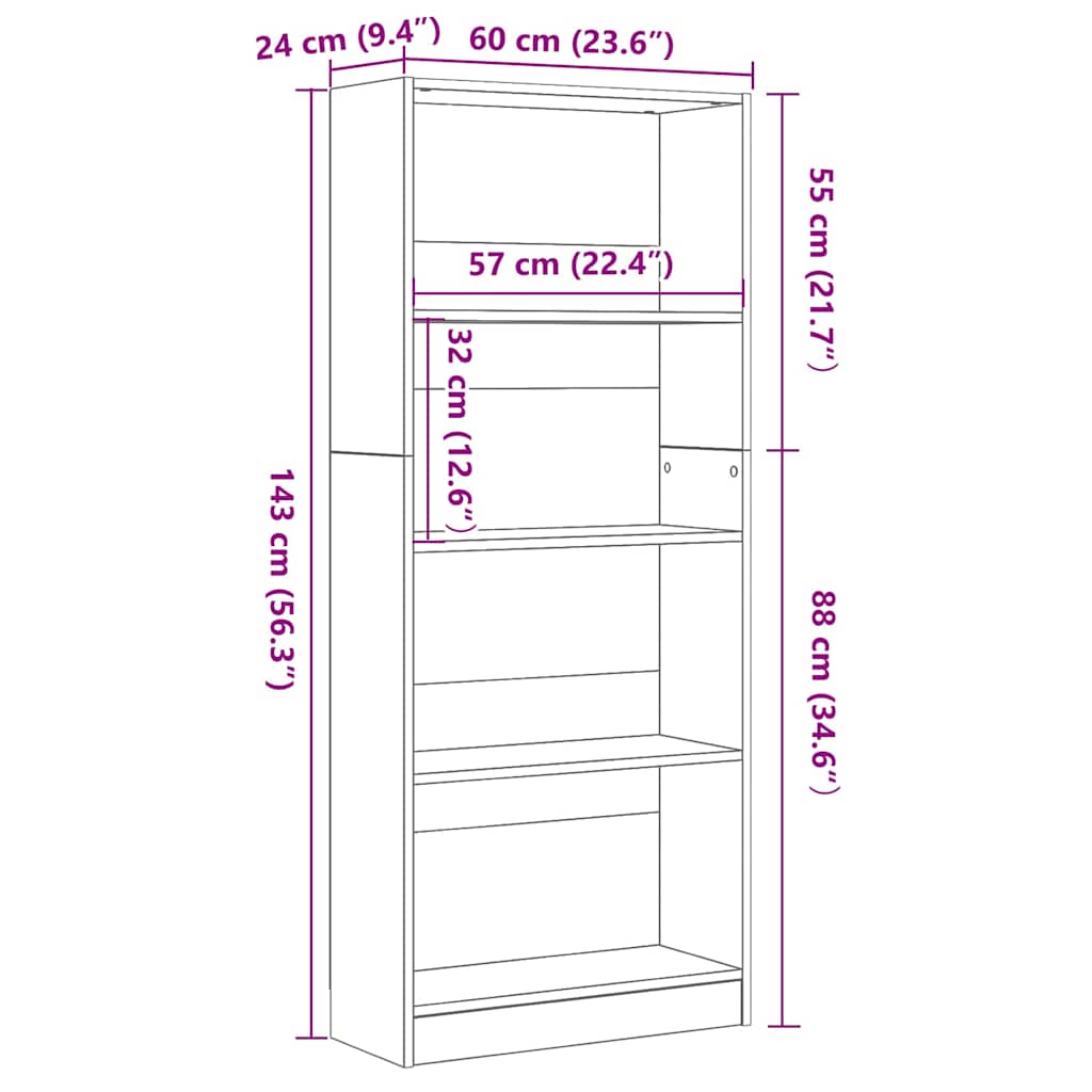 Bogreol Sort eg 60 x 24 x 143 cm Konstrueret træ