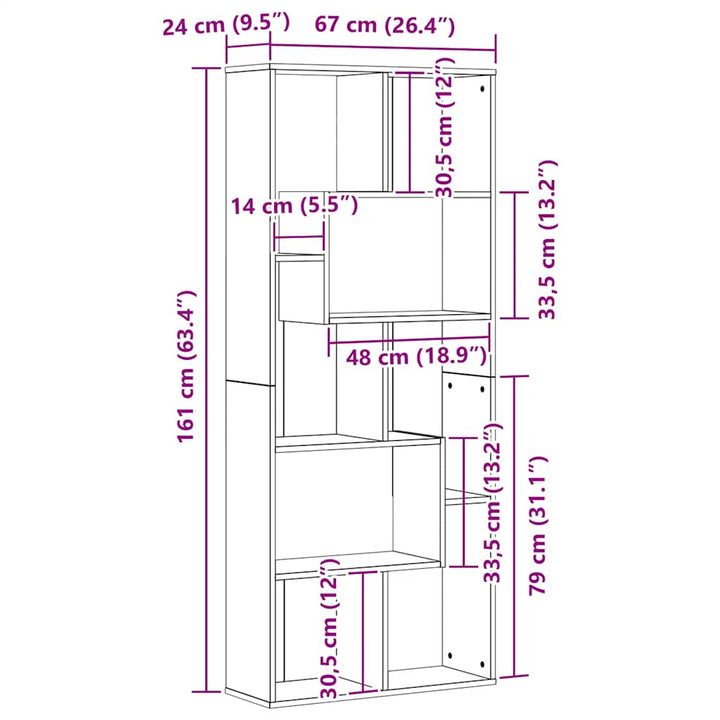 bogreol 67x24x161 cm konstrueret træ sort egetræsfarve
