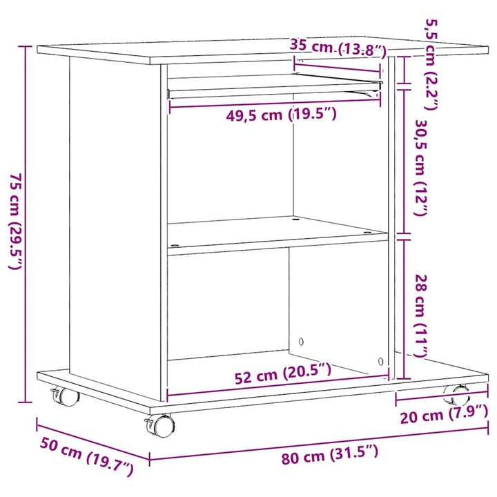 computerbord sort egetræ 80x50x75 cm konstrueret træ