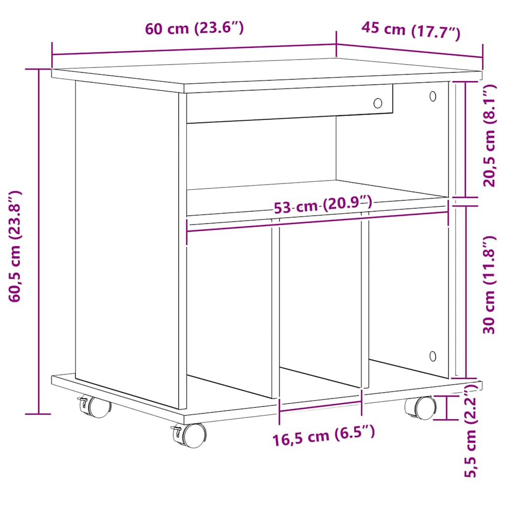 Rullende skab med hjul Sort eg 60 x 45 x 55 cm Konstrueret træ