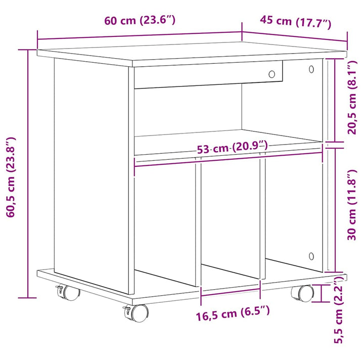 Rullende skab med hjul Sort eg 60 x 45 x 55 cm Konstrueret træ