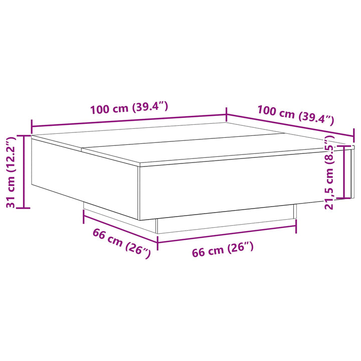 Kaffebord med LED Strip Lys Sort eg 100 x 100 x 31 cm