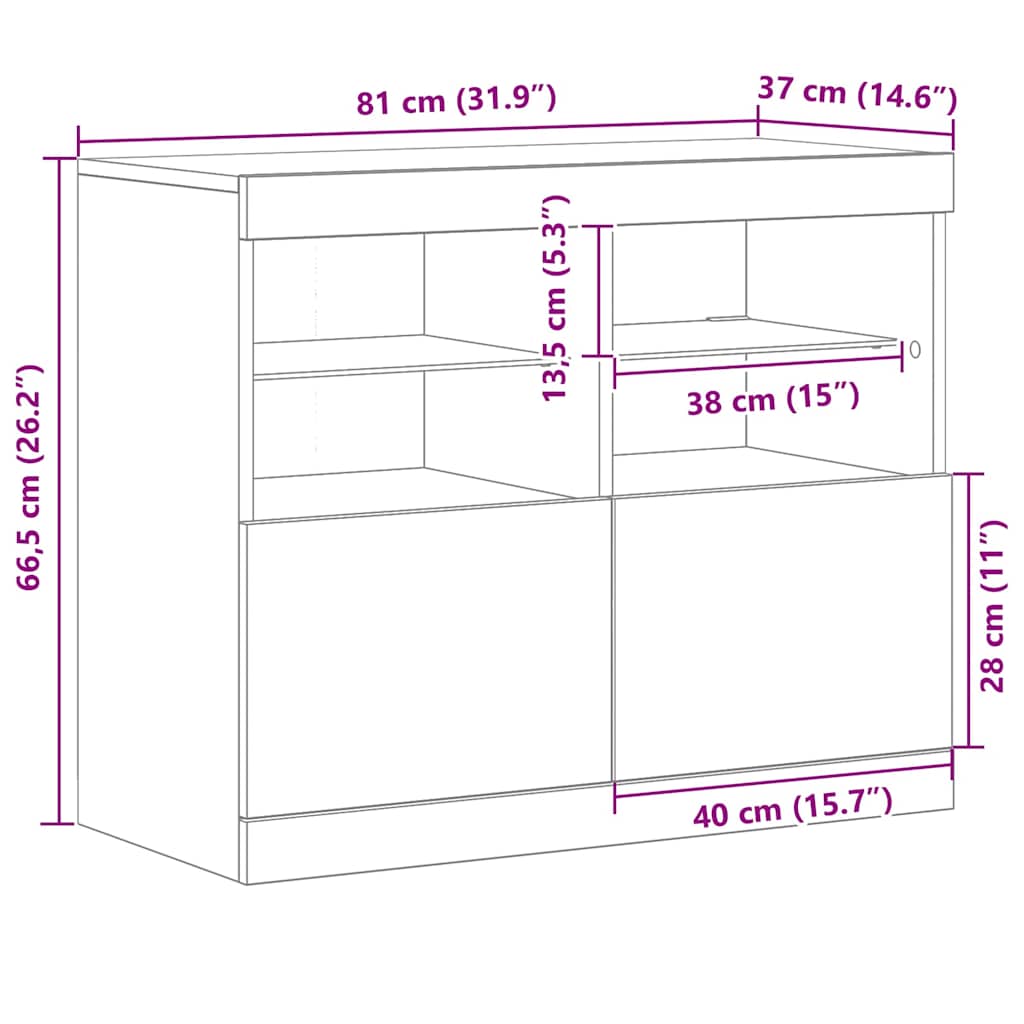 LED Sideboard Sort 81 x 37 x 66,5 cm Konstrueret træ