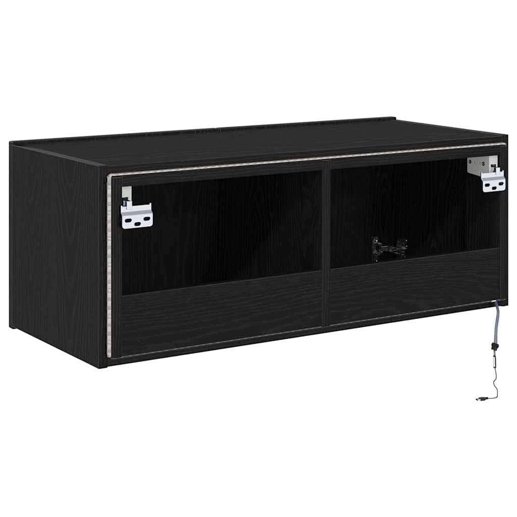 TV vægskab med LED Sort eg 80 x 35 x 31 cm Konstrueret træ