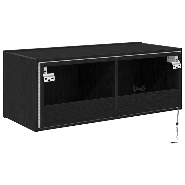 TV vægskab med LED Sort eg 80 x 35 x 31 cm Konstrueret træ