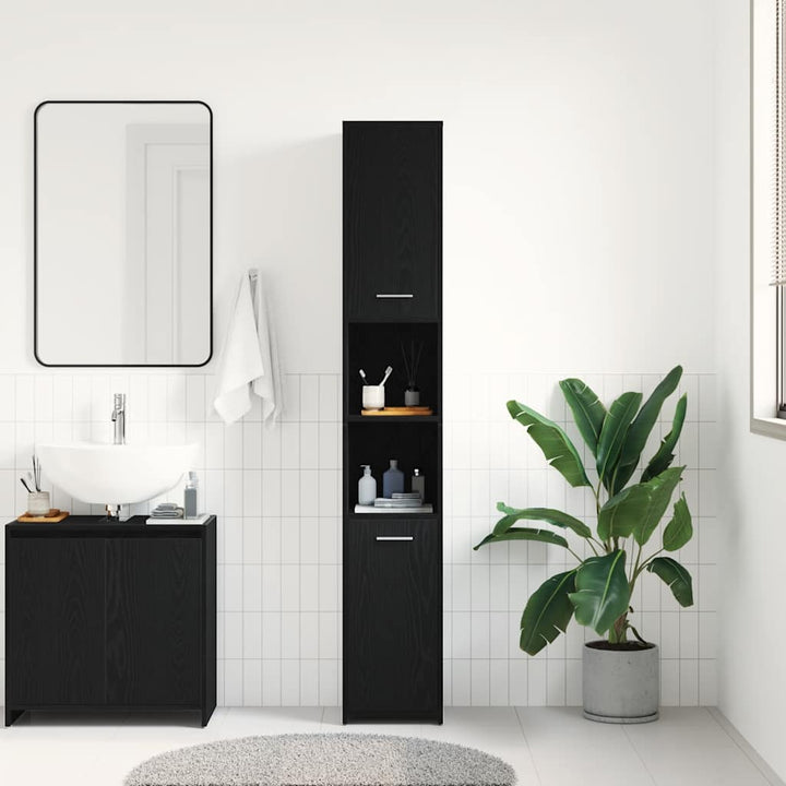 badeværelsesskab 30x30x183,5 cm konstrueret træ sort-eg