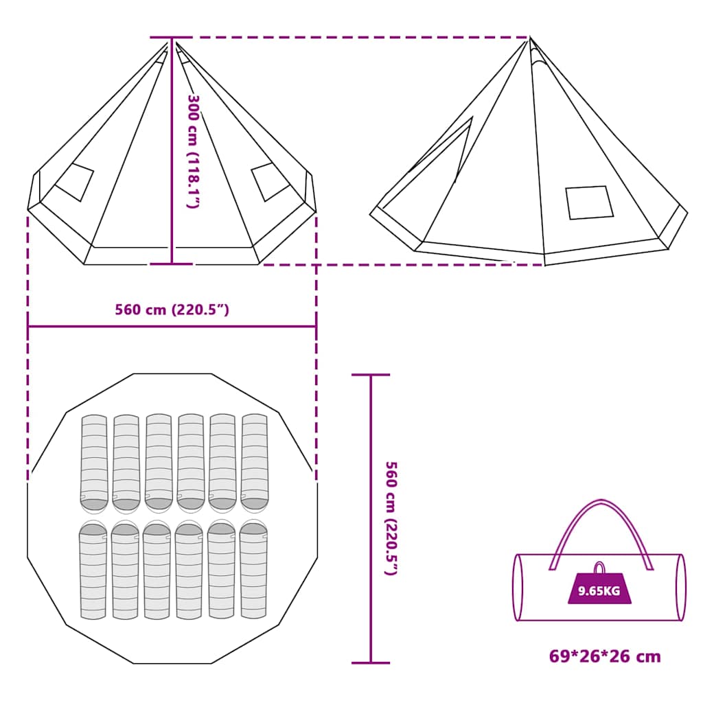 Tipi telt med tag med opbevaring Blå 560 x 560 x 300 cm taft