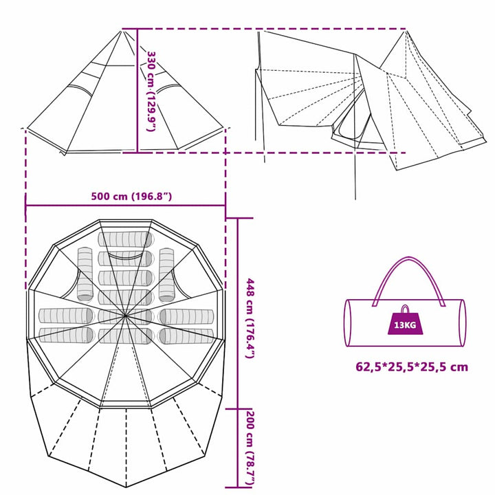 Tipi telt med tag med opbevaring Blå 510 x 690 x 330 cm taft