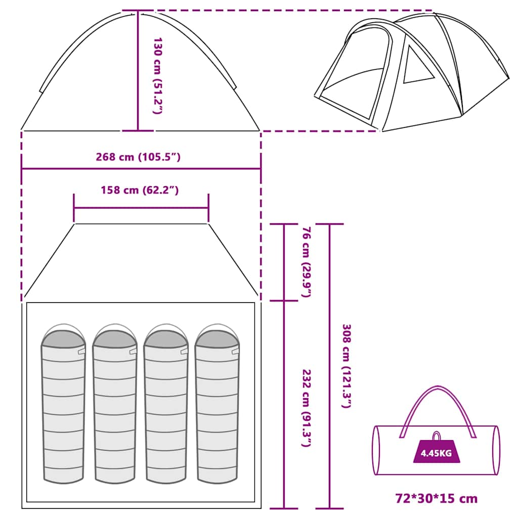 Dome Telt 4 personer 308 x 268 x 130 cm Grå og orange taft