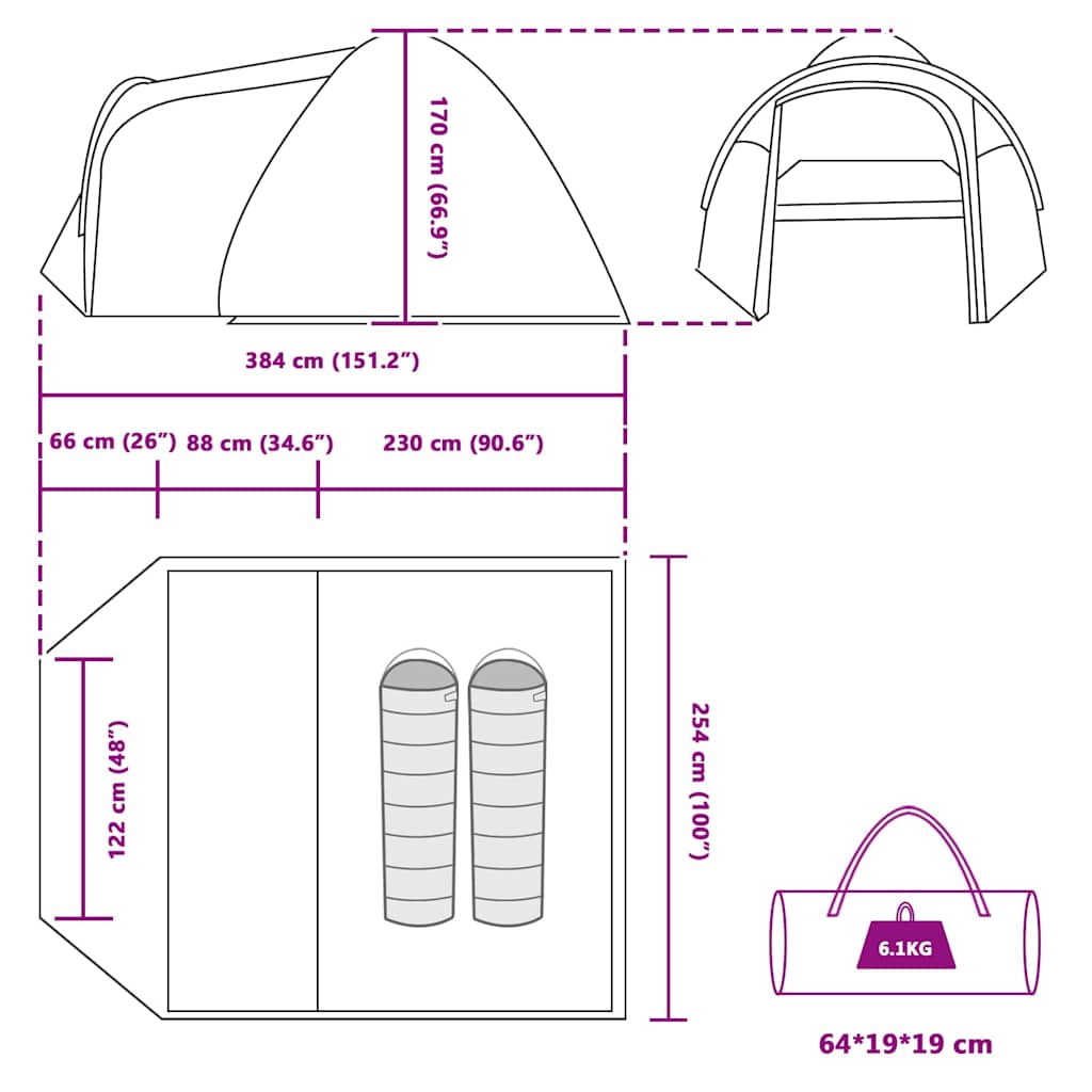 Dome Telt Kuppel med tag med opbevaring Grøn 384 x 254 x 170 cm