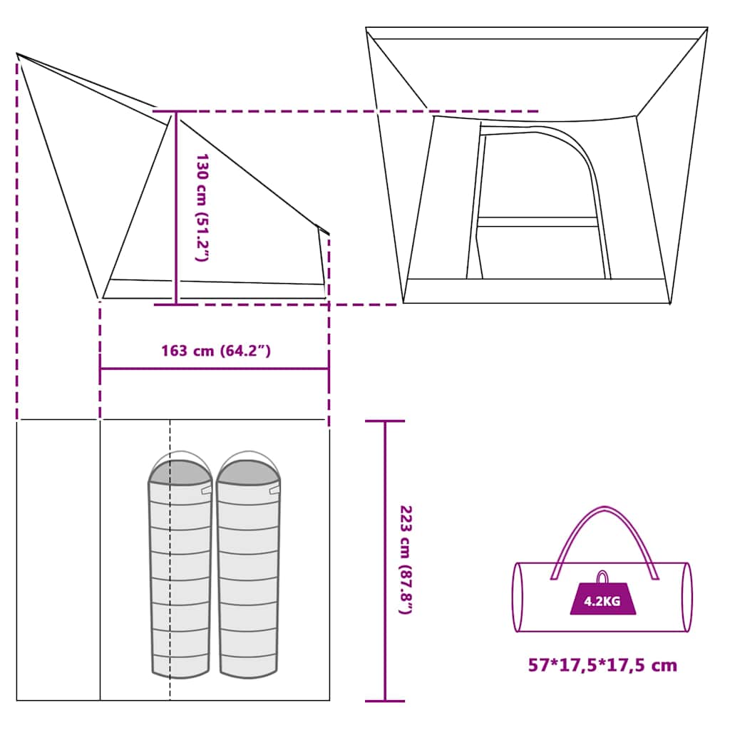 Camping telt med tag med opbevaring Blå 223 x 163 x 130 cm taft