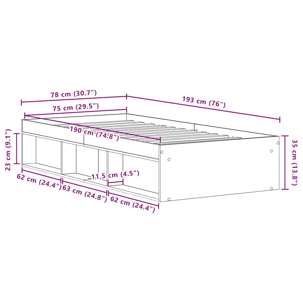 sengeramme 75x190 cm uden madras konstrueret træ sort eg