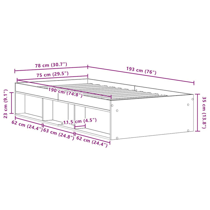 sengeramme 75x190 cm uden madras konstrueret træ sort eg