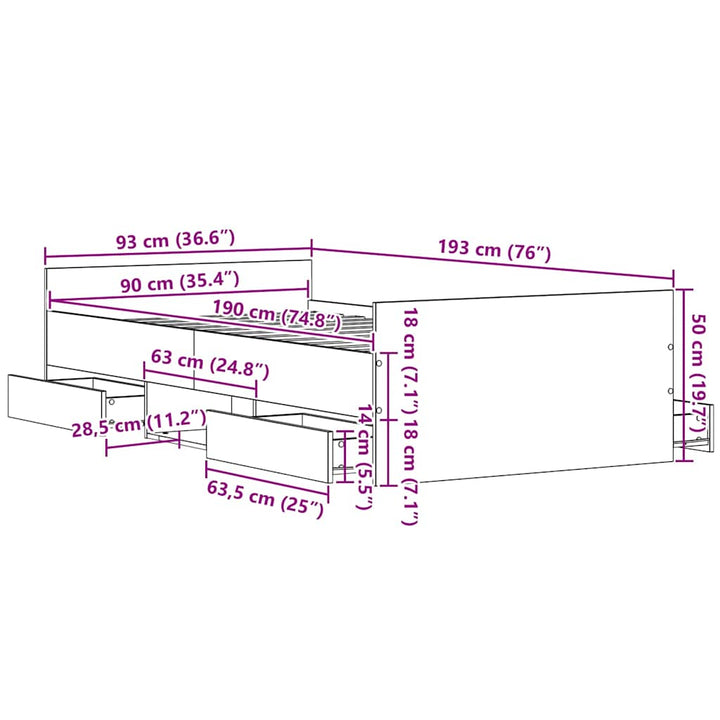 Sengestel med skuffe Sort eg 193 x 93 x 50 cm Konstrueret træ