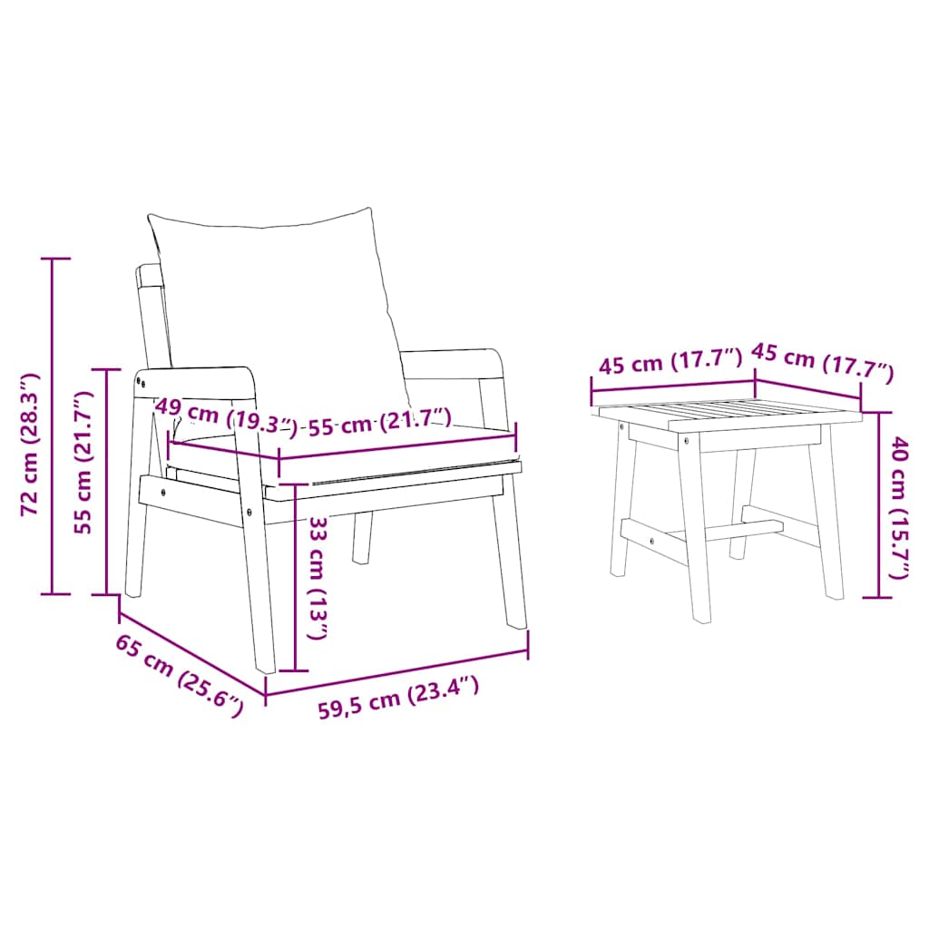 Bistrosæt med pude 3 pcs Brun Massivt Akacietræ